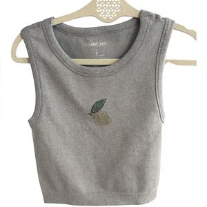 Bebe Gray Ribbed Tank with Bejeweled Lemon Detail and Logo, SZ L, Never Worn!